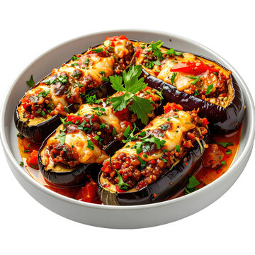 Imam bayildi, turkish stuffed eggplants with a rich tomato and onion filling, isolated on white background this famous dish translates as "the imam fainted"