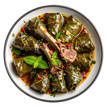 Savory yaprak sarma, grape leaves filled with spiced rice and ground lamb, a traditional meze isolated on a white background