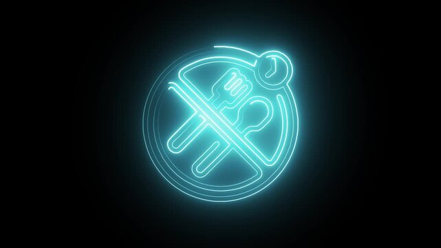 Neon sign of crossed cutlery and plate on a black background symbolizing no food or fasting concept in a modern minimalist design approach for digital media and graphic resources.