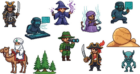 Fototapeta premium Collection of diverse pixel art characters including a samurai pirate wizard explorer a camel rider and various fantasy game sprites