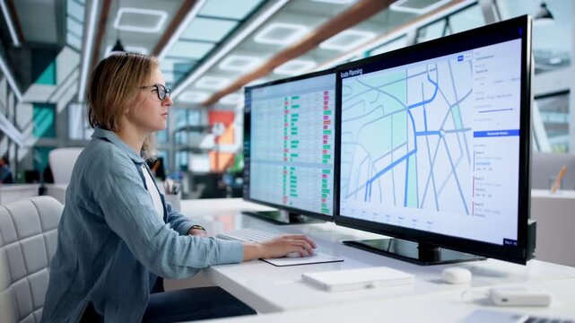 Woman Using Route Planning App For Logistics
