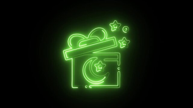 Celebrate Ramadan with beautifully designed gift box featuring neon green glowing crescent moon star icon on a black background symbolizing peace harmony and goodwill during festive season.