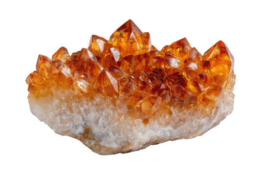 Cluster of natural citrine crystals isolated on transparent background. Raw citrine crystal cluster yellow quartz gemstone isolated on white background.
