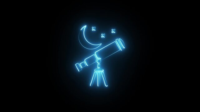 Neon illuminated telescope on black background astronomy symbol with celestial elements glowing blue light representing stargazing and space exploration in a futuristic style perfect for astronomy rel