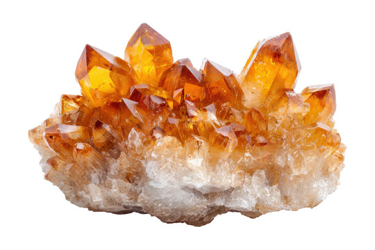 Cluster of raw citrine crystals isolated on transparent background. Cluster of rough citrine crystals isolated on white background.