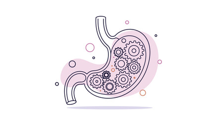Fototapeta premium A conceptual line art illustration of a human stomach filled with interlocking gears and cogs, representing the process of digestion or metabolism.
