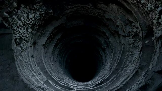 Dark circular stone tunnel interior with rough textured walls and deep shadowed center