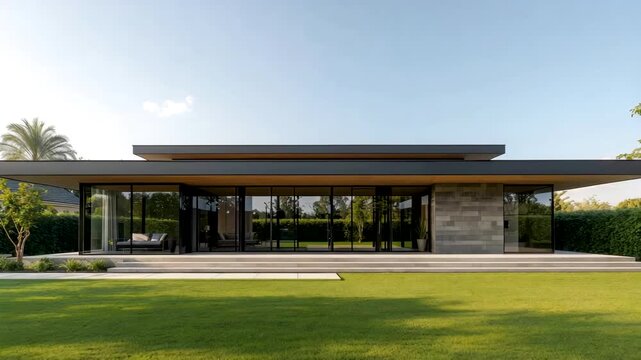 Modern single story house with flat roof, glass facade, green lawn, and trees under clear sky