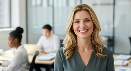 Smiling confident businesswoman in modern office environment with colleagues working in background