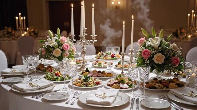 Elegant dining setup featuring a lavish table adorned with gourmet dishes, floral centerpieces, and flickering candlelight, creating a warm and inviting atmosphere for a special occasion