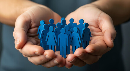 Hands holding small blue human figures representing community, teamwork, and population management concept