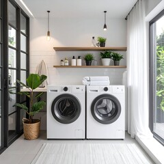 A laundry room with modern appliances and decor
