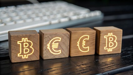 Wooden blocks with bitcoin and euro currency symbols on a dark wooden table