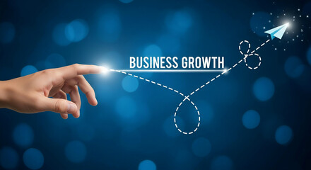 Hand pointing to a paper airplane symbolizing business growth and success trajectory against a dark blue bokeh background