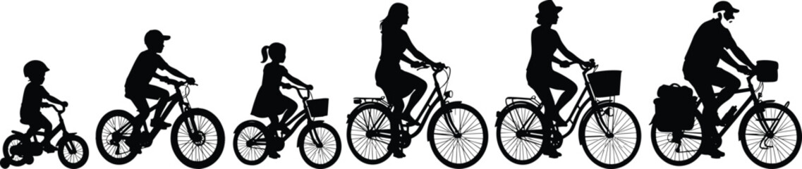 Obraz premium Silhouettes of family cycling together, showing growth stages, active lifestyle, outdoor recreation, healthy habits, eco transport, bonding journey concept