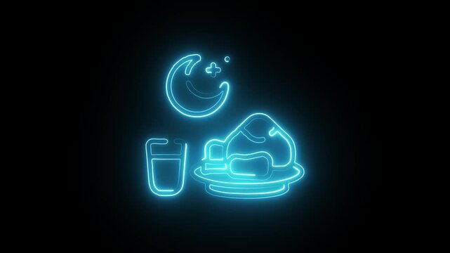 Neon illustration representing suhoor meal before fasting with glowing crescent moon symbolizing ramadan kareem or ramadan mubarak on dark background with glass of milk and dates on a plate.