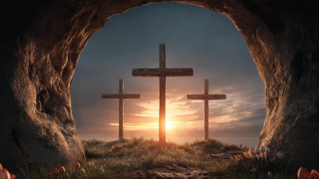 Sunrise view from rocky tomb opening showing three wooden crosses grassy hill with flowers evoking hope and resurrection serene spiritual landscape empty tomb sunrise with three wooden crosses