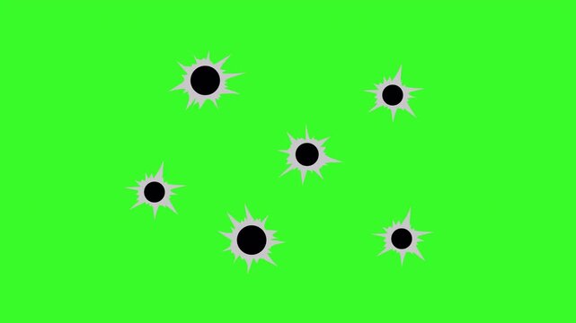 Gun bullet holes on green screen animation. impact damage target with chroma key. 4k video