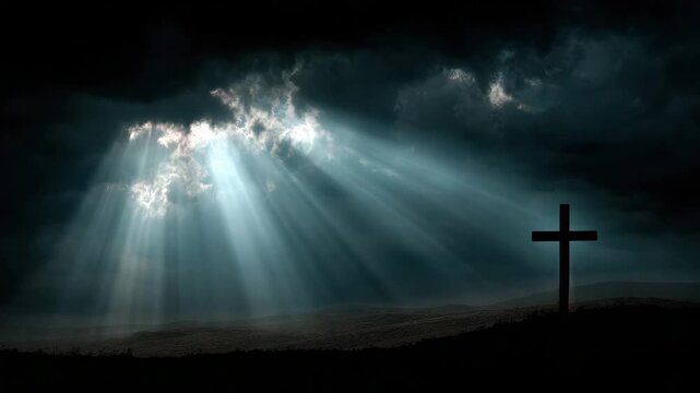 Sunbeam piercing storm cloud over silhouetted hill with solitary cross, dramatic light and moody sky rays of light break through storm clouds creating serene, hopeful silhouette and dramatic
