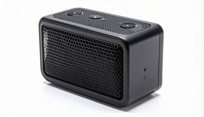 Fototapeta premium Black portable Bluetooth speaker with mesh grille and control buttons on white surface