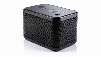 Obraz premium Black portable Bluetooth speaker with mesh grille and control buttons on white surface