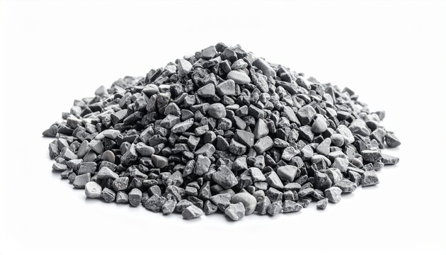 Pile of crushed stones arranged in conical shape on white background