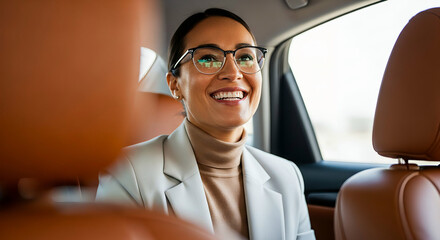 Smiling professional businesswoman with glasses riding in the back seat of a car or taxi