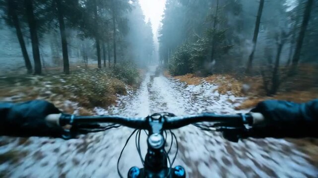 Mountain bike handlebars forest trail winter path snow patches evergreen trees foggy atmosphere motion blur cyclist perspective offroad cycling adventure sport mountain bike handlebar forest trail