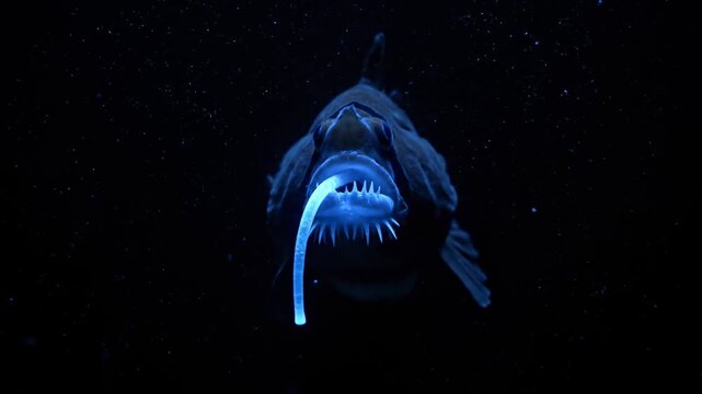 A deep-sea anglerfish with a bioluminescent lure in the dark ocean