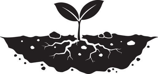 Young plant sprout growing from rich soil with developed roots line art silhouette
