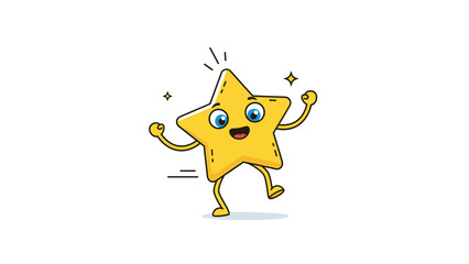Fototapeta premium A cheerful and energetic cartoon golden star character with a happy face, running and sparkling to represent success and winning.