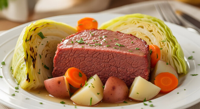 Traditional dish of corned beef and cabbage