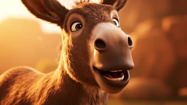 A joyful donkey is laughing heartily in a warm, golden cinematic close-up shot outdoors.