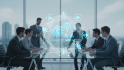 Business Team Meeting with Digital Benefit Administration Overlay, Discussing Employee Wellness and Company Growth