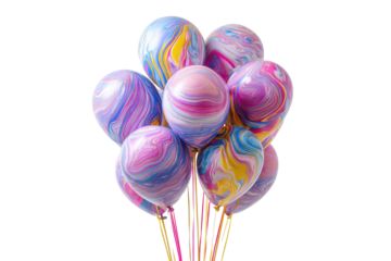 Colorful marbled balloons bunch isolated on transparent background. Group of swirling colorful balloons with marbled patterns isolated on white background.