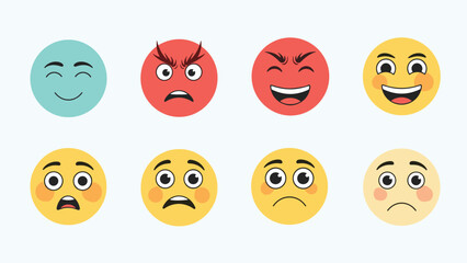 Fototapeta premium A colorful set of eight round cartoon emoji faces showing a wide range of human emotions from happy and angry to sad and surprised.