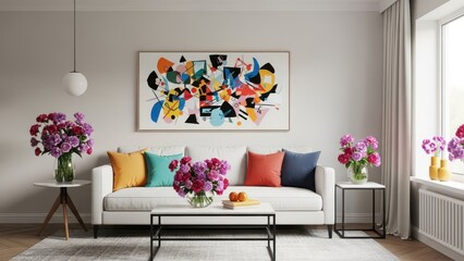 living room with a cozy white sofa, colorful throw pillows
