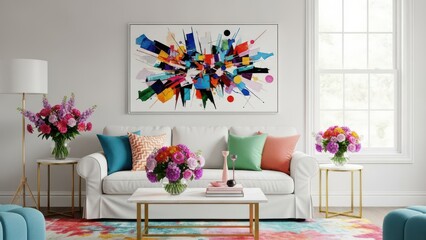 living room with a cozy white sofa, colorful throw pillows