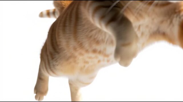 A close-up view of a cat's face, showcasing its whiskers and fur texture in a studio setting from a frontal perspective