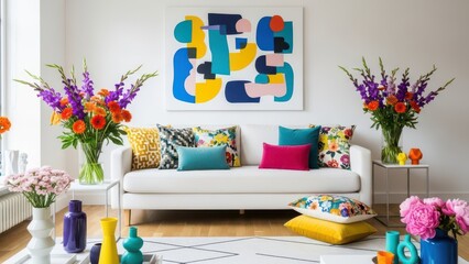 living room with a cozy white sofa, colorful throw pillows