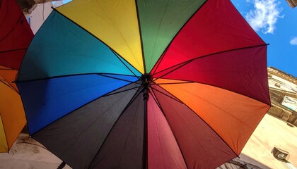 An upward view of a colorful umbrella, spanning vibrant hues, against a bright sky