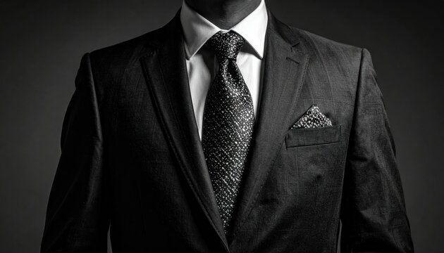 Close-up of a tailored, dark suit with patterned tie, pocket square, and white shirt