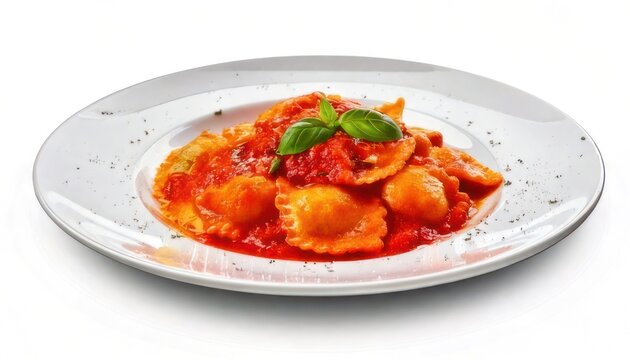 Delicious ravioli with tomato sauce and basil on a plate.