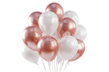 Bunch of rose gold and white balloons isolated on transparent background. Rose gold and white balloons celebratory arrangement isolated on white background.