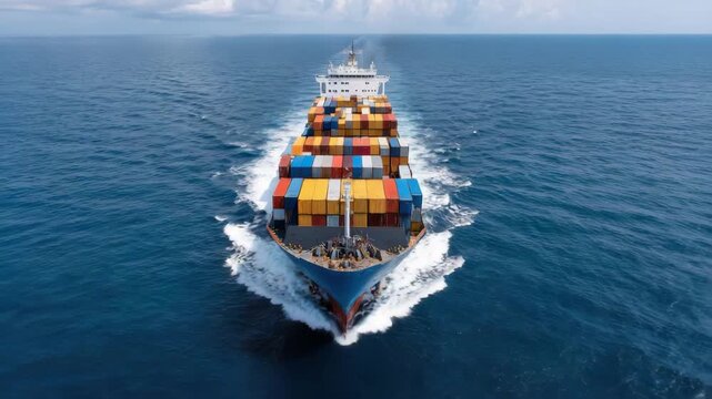 Container ship crossing calm blue ocean with colorful stacked cargo containers and steady wake conveying global maritime shipping industrial transport efficiency cutting through deep blue sea with