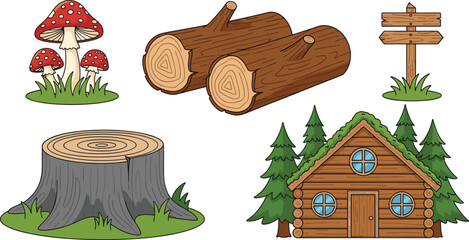 Forest elements set including wooden log cabin, pine trees, red mushrooms, tree logs, stump, and directional signpost isolated on white background © Moskirul