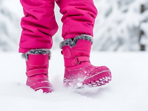 Pink boots stepping in snow