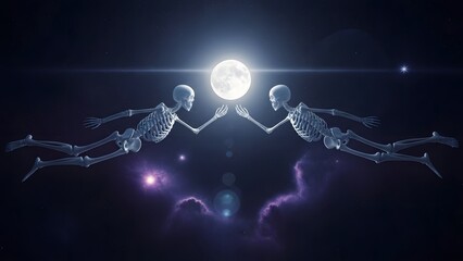 Two Skeletons Floating in Deep Space Reaching for the Full Moon | Surrealistic Cosmic Fantasy and Spiritual Connection Art