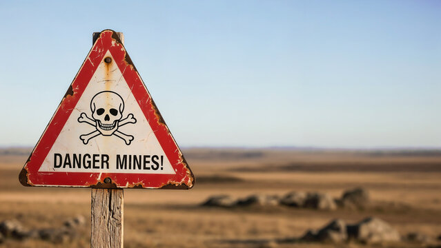 Safety sign in front of minefield in open landscape &ndash; symbol of threat
