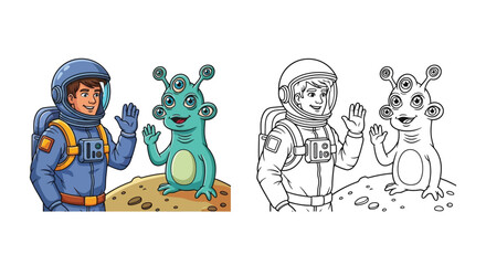 Naklejka premium Friendly Astronaut Greeting Alien in Outer Space Discovery Scene Color and Black and White Set